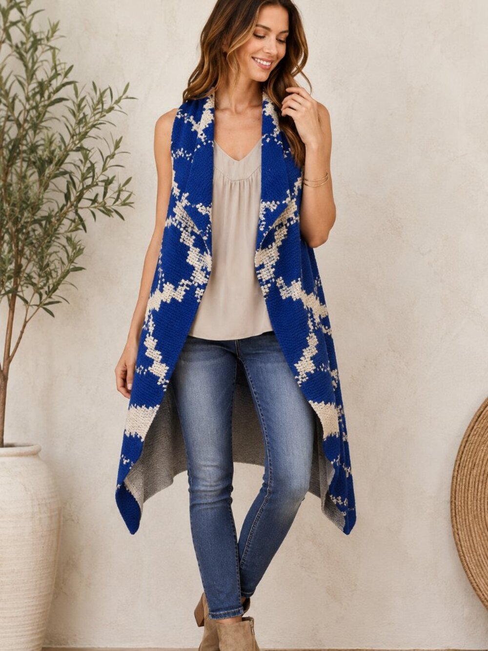 Anthropologie Tabitha Blue Cream Boho Knit Sleeveless Cardigan w Pockets Size S